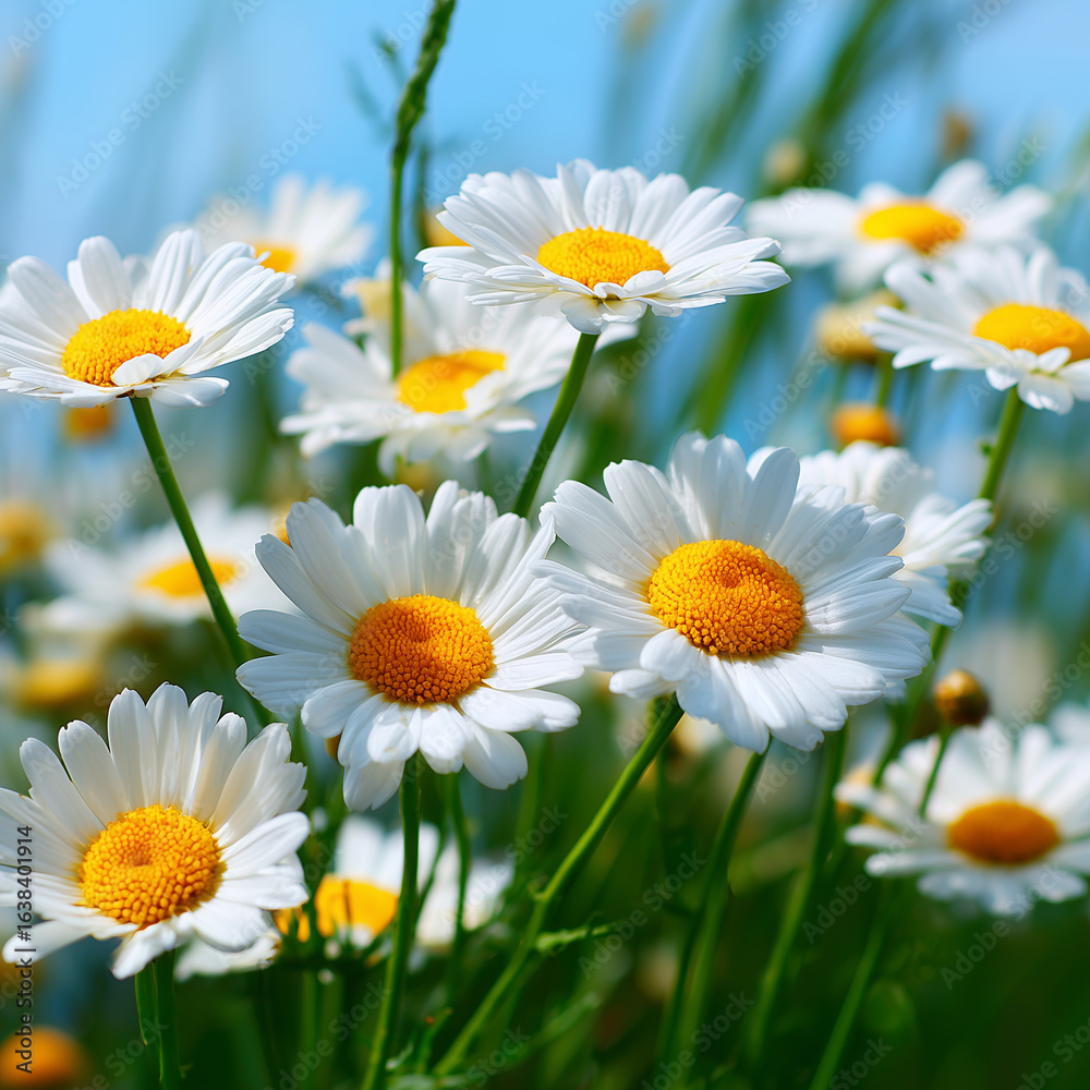 Fototapeta premium Close up of white daisies with bright yellow centers in a field under a blue sky daisy flower