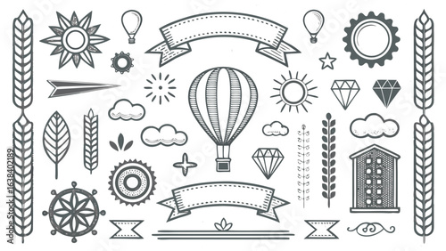 Vintage Hand-Drawn Design Elements Set with Hot Air Balloon, Ribbons, and Travel Icons for 2025

