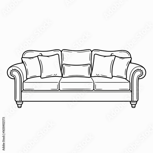 sofa, couch, furniture, seating, interior, decor, home, livingroom, pillows, cushions, comfort, stylish, elegant, classic, upholstery, lounge, illustration, drawing, blackwhite, lineart, sketch, outli