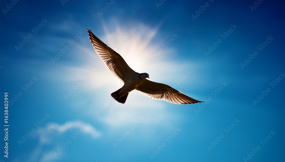 Fototapeta premium bird flies against sun soaring in blue sky freedom nature concept dramatic light and shadow