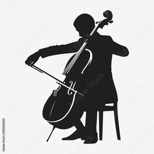a black silhouette of a person playing the cello