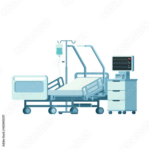 hospital, bed, medical, patient, healthcare, ICU, emergency, monitor, IV, clinic, recovery, care, equipment, treatment, health, room, sterile, professional, doctor, nurse, wheeled, adjustable, rail, b