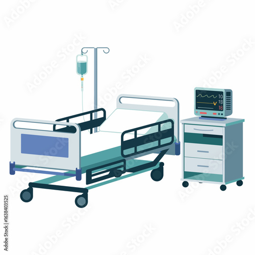 hospital, bed, medical, patient, healthcare, ICU, emergency, monitor, IV, clinic, recovery, care, equipment, treatment, health, room, sterile, professional, doctor, nurse, wheeled, adjustable, rail, b