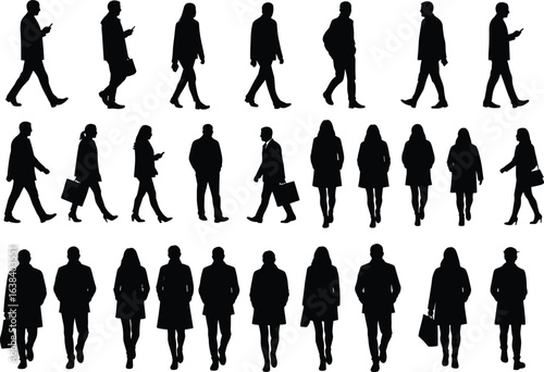 Silhouettes of men and women walking and standing, vector set of urban pedestrians in motion and casual wear, side and front view figures