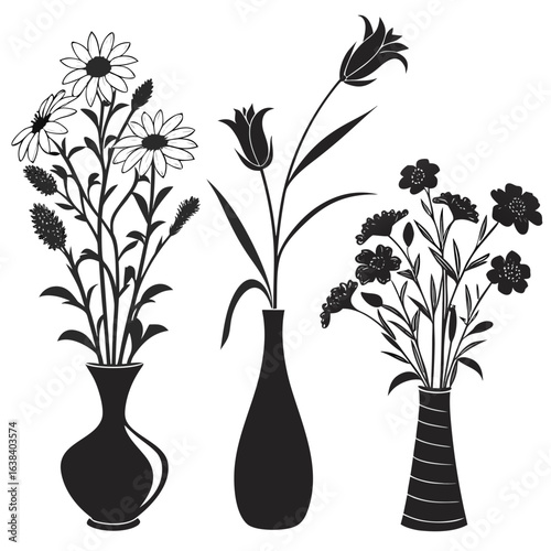 Flower bouquets in vases isolated on white background