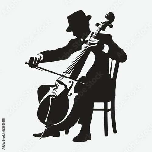 a black silhouette of a person playing the cello