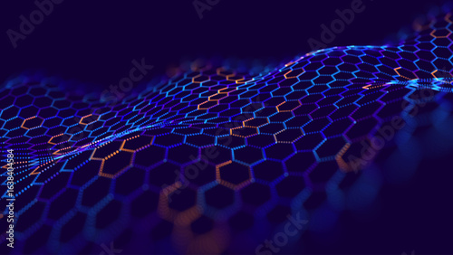 Abstract Digital Hexagons Pattern Business or Science Research Background. Graphene Technology Science 3D Background. Nanotechnology Honeycomb Lattice Nanostructure. Vector Illustration.
