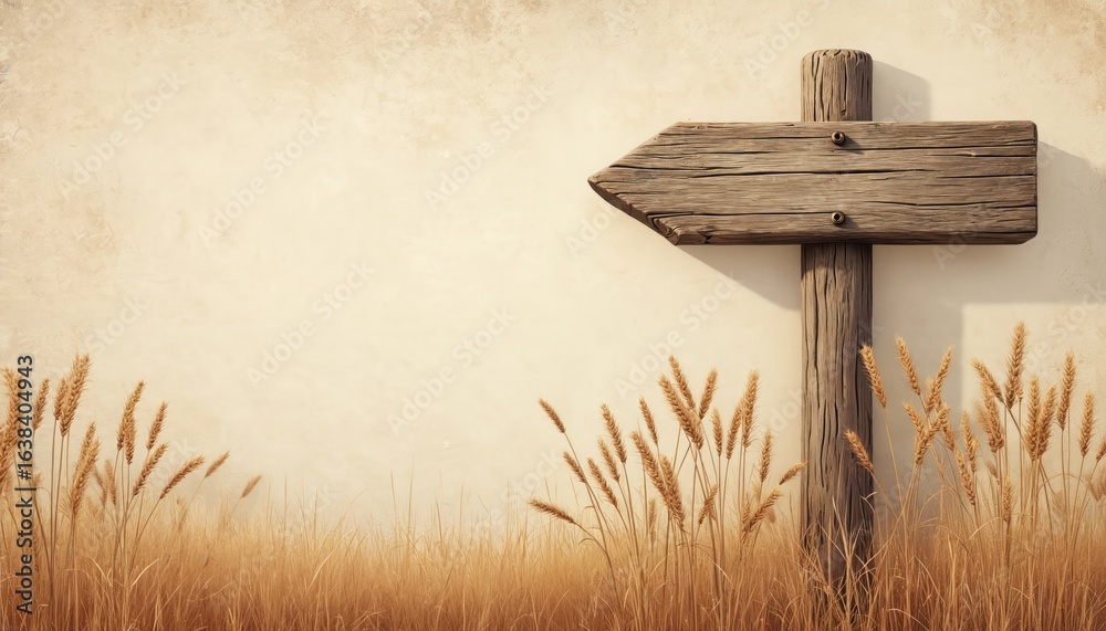 Naklejka premium Weathered wooden signpost with arrow points right direction against textured background. Dry grass and wheat stalks in foreground. Rustic country, farm or field setting. Natural beige tones.