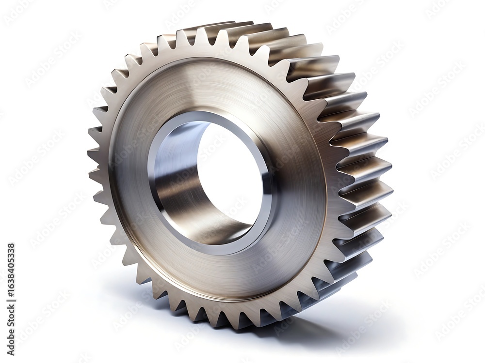 Close up of a shiny metal gear isolated on white background used in mechanical engineering Close up of a shiny metal gear isolated on white background used in mechanical engineering
