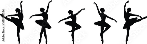 Silhouettes of ballerinas dancing in different ballet poses, elegant dancers, ballet tutu skirts, graceful female dancers, black vector illustration, performing arts, dance movement collection
