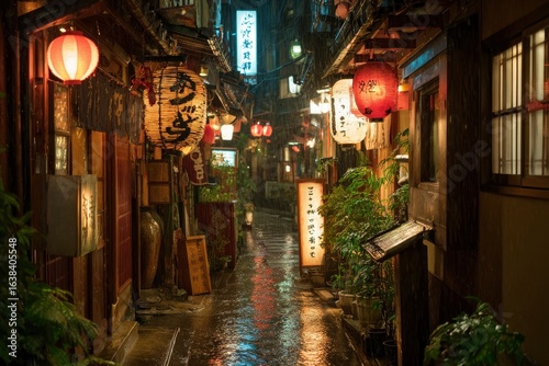 Rainy Kyoto street at night illuminated by lanterns and neon