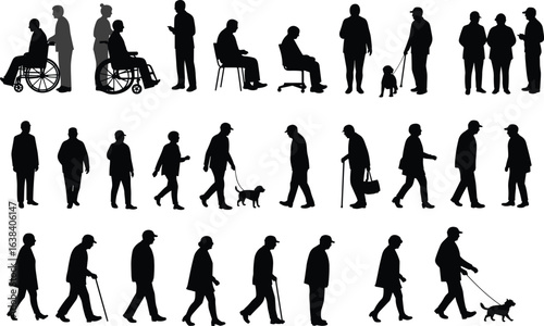Silhouettes of elderly people and people with disabilities, walking with canes, wheelchair users with assistants, dog walkers, diverse age group, support and mobility, black vector shapes