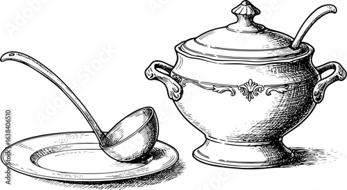 Vintage soup tureen and ladle with porcelain plate sketch for elegant dining design
