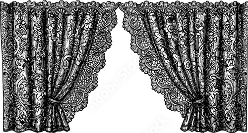 Vintage engraved illustration of a partially open lace curtain for retro design projects
