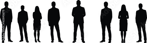 Silhouettes of business people standing, professional men and women, formal posture, corporate team, office workers, business group, black vector shapes, confident professionals