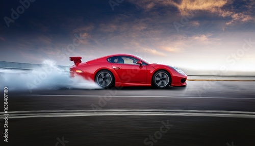 red sports car drifting on a track with smoke and motion blur
