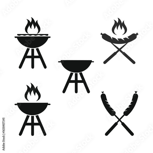 Black silhouette icons of barbecues and sausages on white background grill food