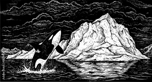 Orca breaching near iceberg under dark arctic clouds in vintage engraving style
