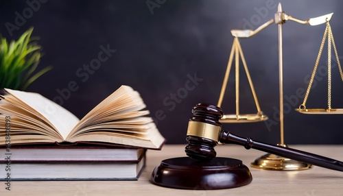 stacked books open volume dark gavel scales of justice on desk symbolising legal authority concept for legal services promotion educational materials and justice system concepts