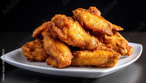 Delicious crispy fried chicken wings piled on white plate