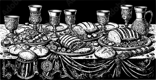 Renaissance banquet table with goblets and bread for historical themed design
