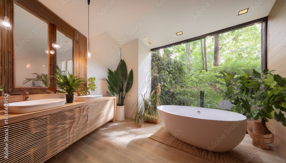 Fototapeta premium modern spa like bathroom with warm natural accents lush greenery a freestanding tub and a light filled space