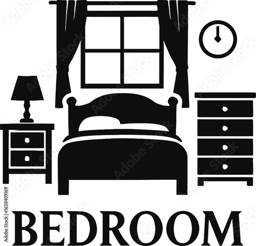 Bedroom Silhouette Design Vector Illustration with Bedside Table and Window Creating a Cozy Ambiance Perfect for Interior Design Projects