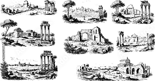 Vintage roman scenery sketches: hand drawn engravings of landscapes and ruins
