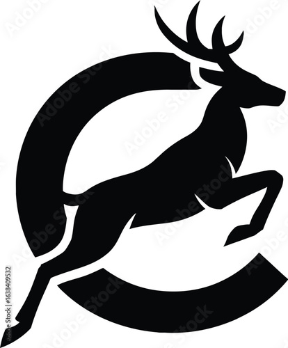 Elegant Black Deer Silhouette Leaping Through Abstract Circular Design Graphic Resource for Various Creative Projects and Branding Materials