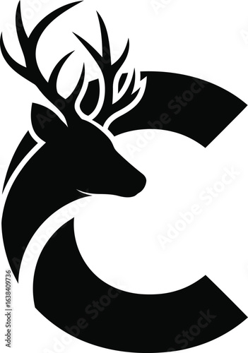 Elegant Black and White Deer Head Silhouette with Antlers Design Creating Abstract Shape for Logos and Branding