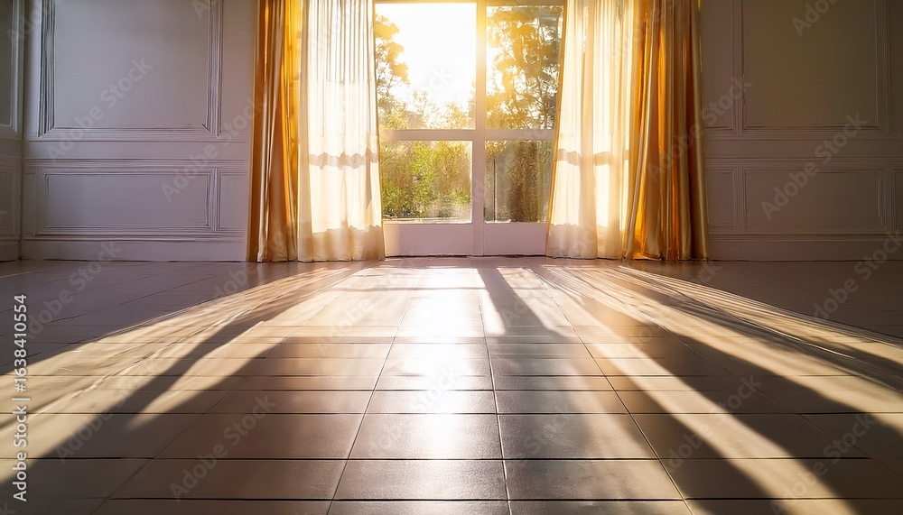 Fototapeta premium radiant morning sunlight casting golden reflections on shiny white tiled floor by large window with sheer curtains serene empty room interior design background clean minimalist