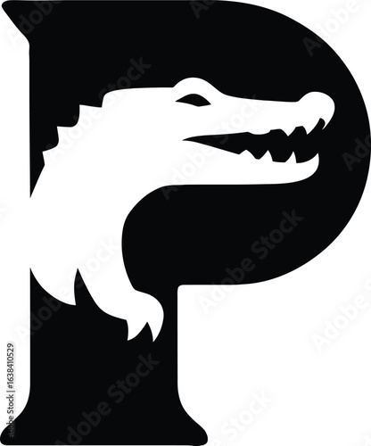 Letter P Crocodile Logo Design Black and White Illustration Creative Monogram Initial Vector Symbol Company Brand Identity Emblem Corporate Graphics Mascot Template