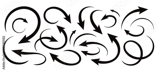 WebVector art of collection of various curved arrows isolated on white background, indicating different directions, motions, and paths, useful for graphic design, navigation, and symbolic representati