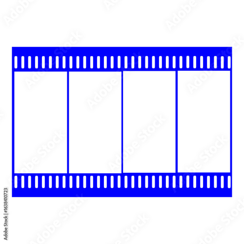A classic 35mm film strip with four blank frames, a clean and modern vector icon representing photography, cinema, and vintage memories