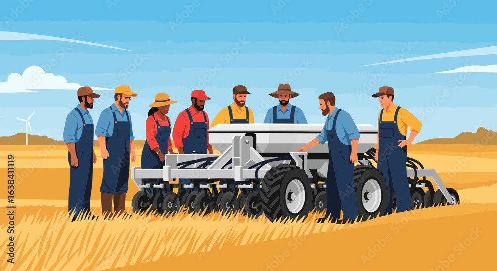 Obraz premium Collaborative farming team inspecting equipment in agricultural field scenery