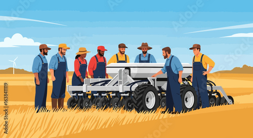 Collaborative farming team inspecting equipment in agricultural field scenery