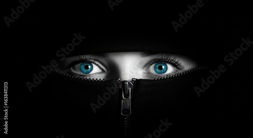 Close-up of woman's bright blue eyes peeking from behind a zipped-up dark hood.