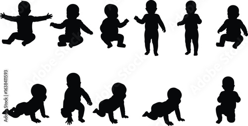 Silhouette of crawling, sitting, and standing babies in different poses, infant movement stages for parenting, baby care, nursery, or early childhood development