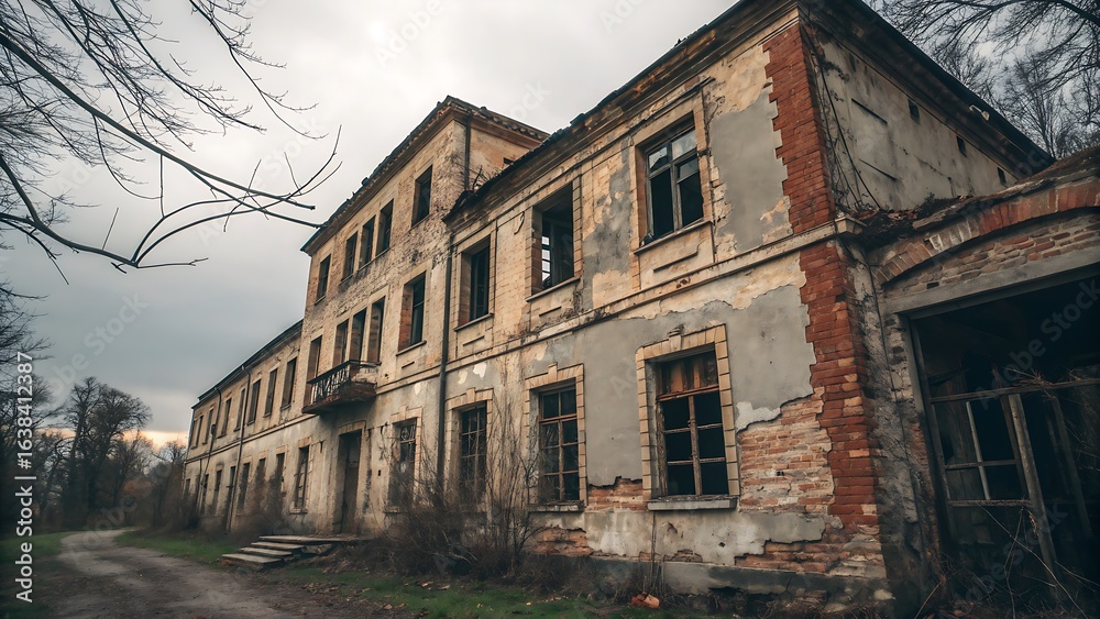 Fototapeta premium Abandoned Building Facade with Weathered Brick, Decayed Walls, and Empty Windows under a Cloudy Sky Landscape.