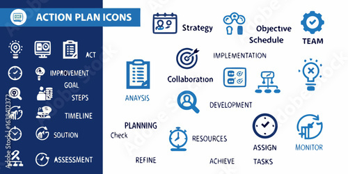Action plan icons for business strategy and project management