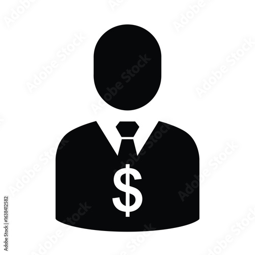 Stylized black icon of a businessman with a dollar sign on his tie