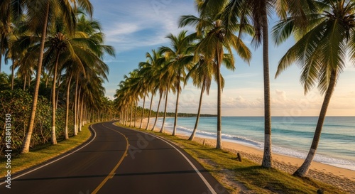 Fototapeta Naklejka Na Ścianę i Meble -  Winding road lined with palm trees leads to a beach at sunset
