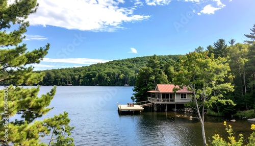 Lakeside cabin with dock under a summer sky