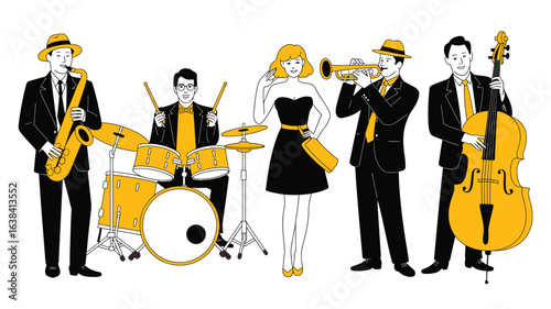 Cute Jazz Band Character Illustration – Hand Drawn Sketch of Singer, Drummer, Trumpet, Bass – Outline Vector in Thin Line Art Doodle Style


