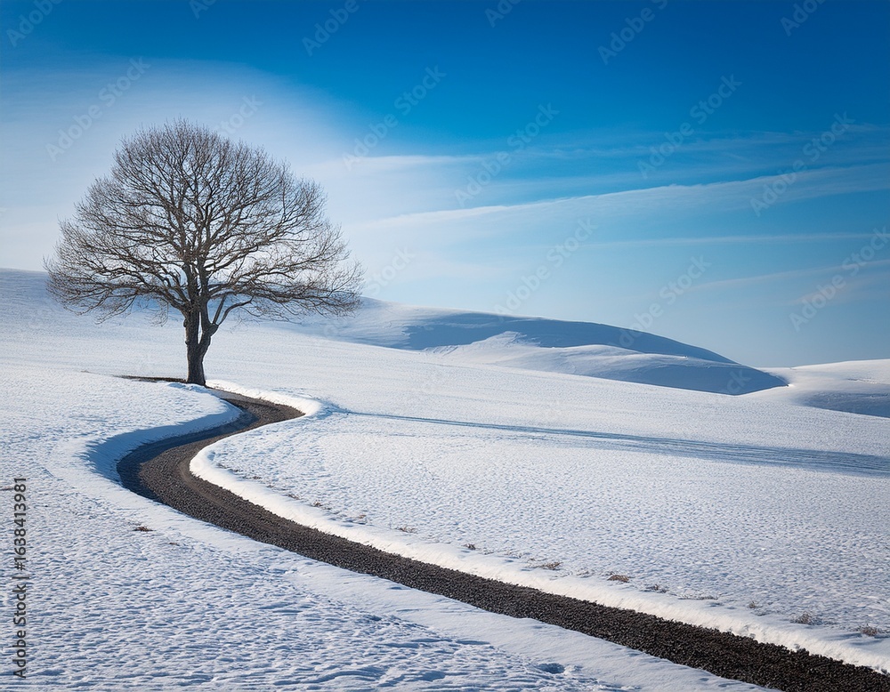 Obraz premium solitary bare tree stands on a winding path through a vast snow covered landscape