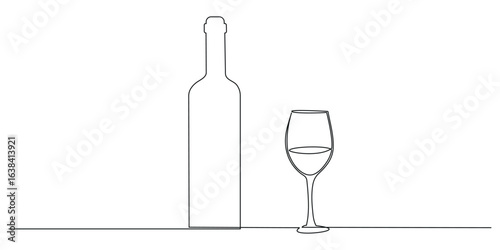 Continuous one line drawing of Wine bottle and wine glass. Single line drawing illustration of Wine bottle with glass. Alcoholic drink concept vector art. Editable stroke.