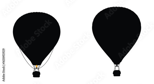 Two black hot air balloons in silhouette style against a white background