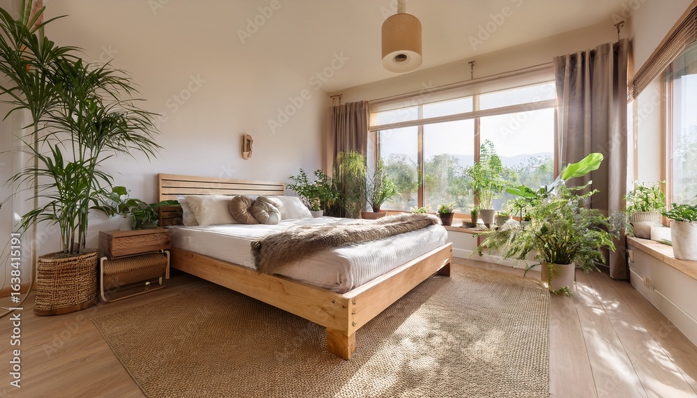 Fototapeta premium a serene bedroom with natural light featuring wooden furniture and decorative plants creating a cozy and inviting atmosphere