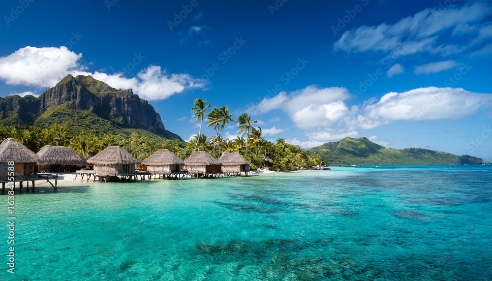 Obraz premium tropical beach houses clear water mountain backdrop vacation paradise