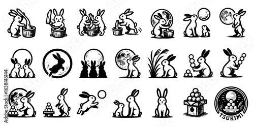 団子と月とうさぎの和風アイコンセット、Japanese-style Icon Set of Dango, Moon, and Rabbits